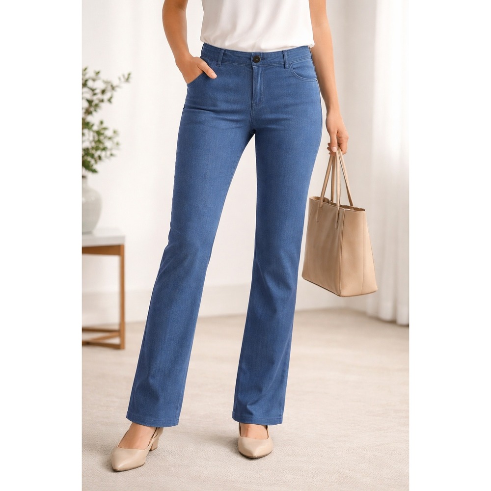 Betabrand Dress Pant Yoga Pants Womens Large Long Indigo Blue Straight Leg Denim